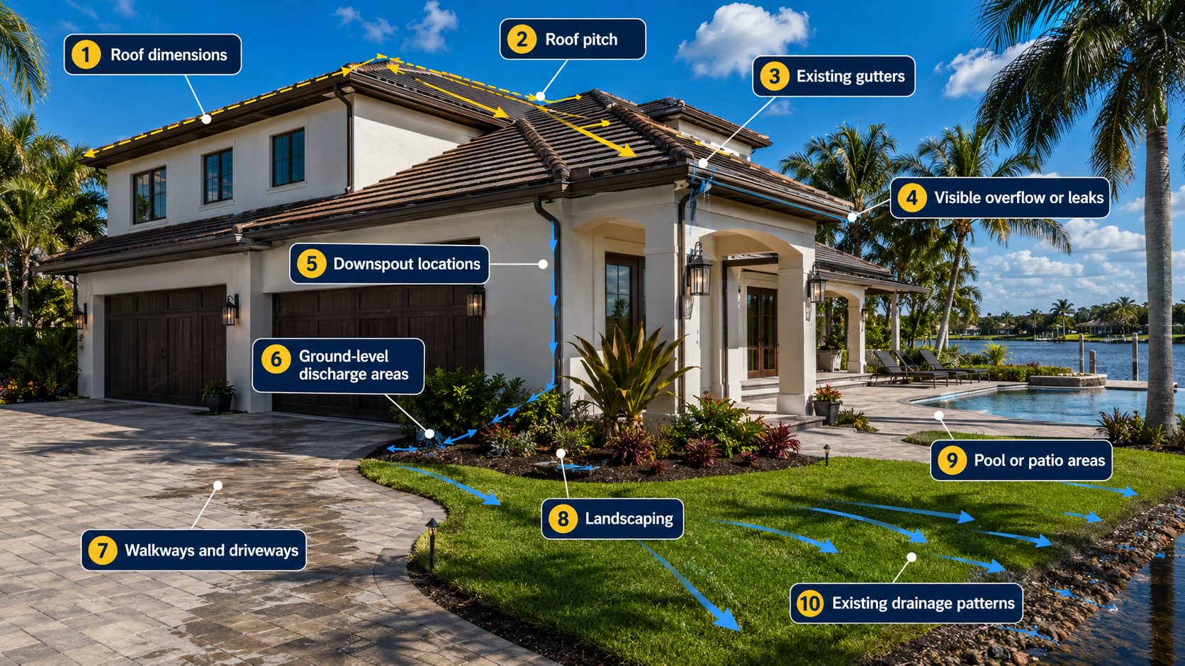 Clearwater property showing roof, gutter, downspout, landscaping, and drainage considerations used during gutter planning