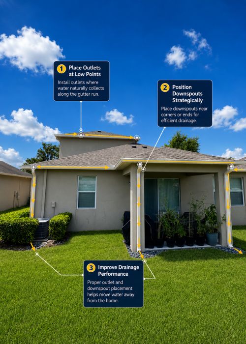 Outlet and downspout placement planning for a Tampa gutter system
