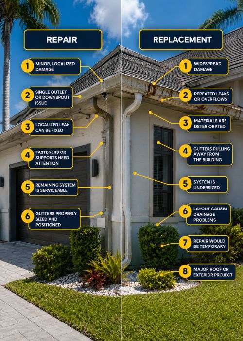 Comparison of gutter repair and gutter replacement options in Clearwater