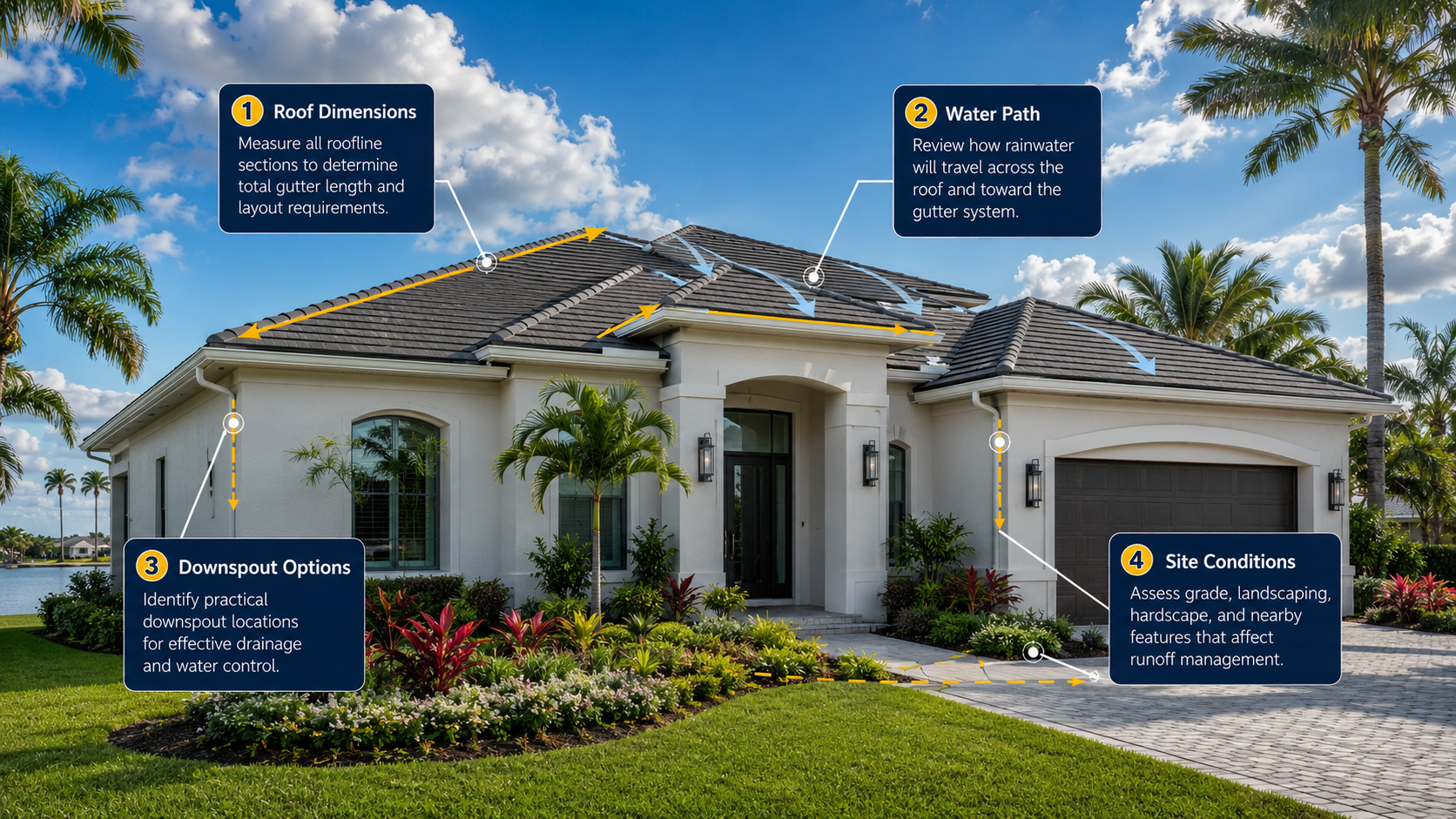 Tampa home showing roof dimensions, rainwater paths, downspout options, and site conditions used during seamless gutter planning