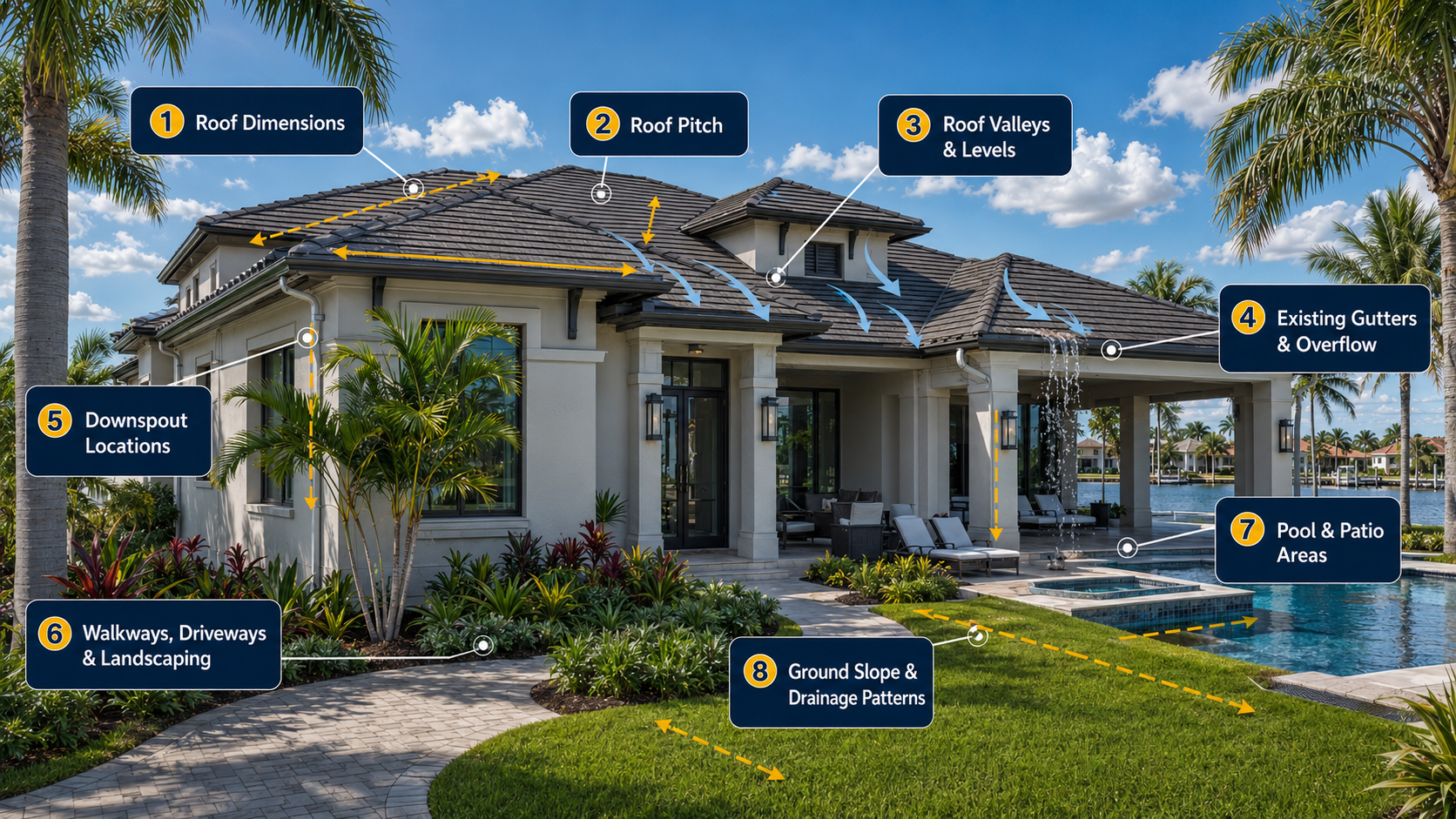 Professional gutter installation on a St. Petersburg property showing rooflines, downspout locations, and drainage planning considerations